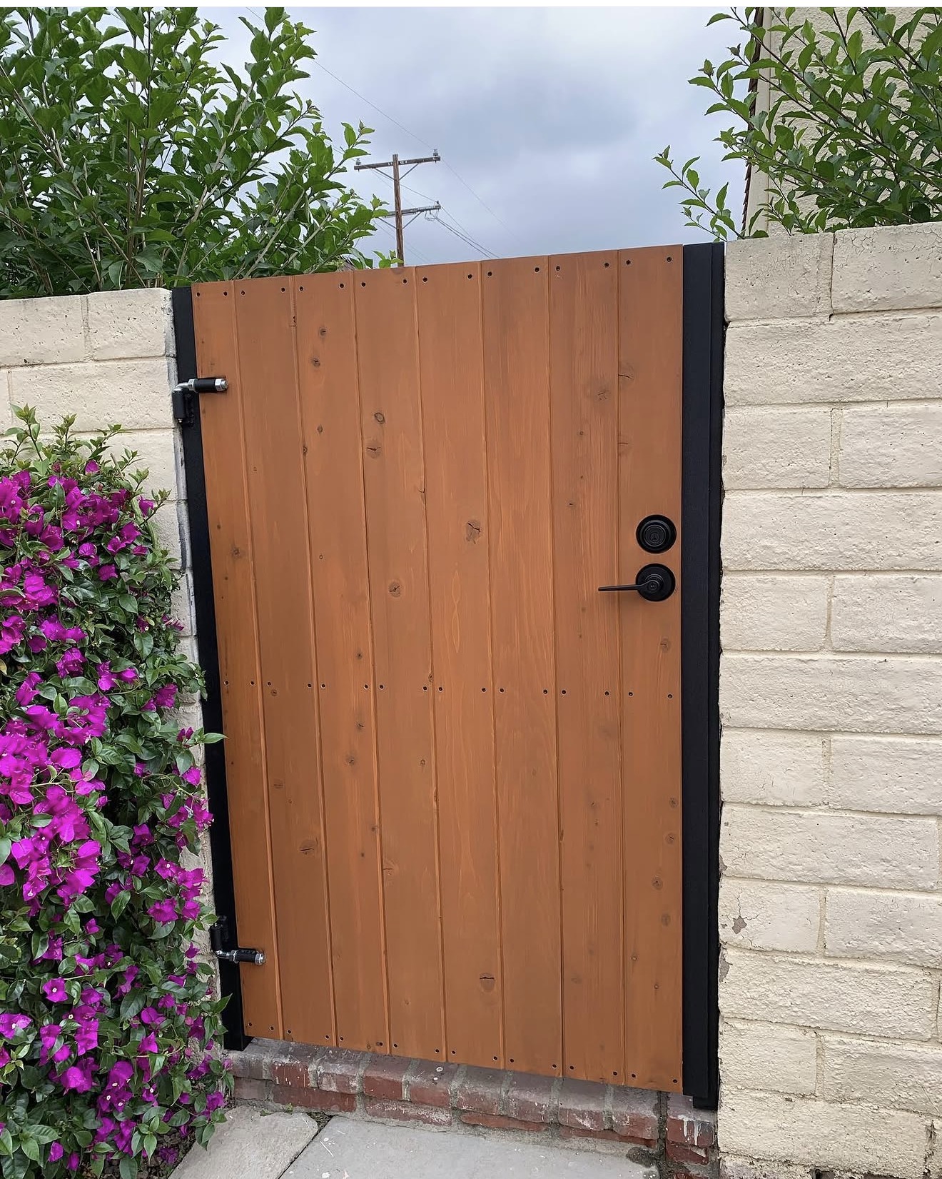 Stained Vertical-Plank Wood Side Gate — completed project